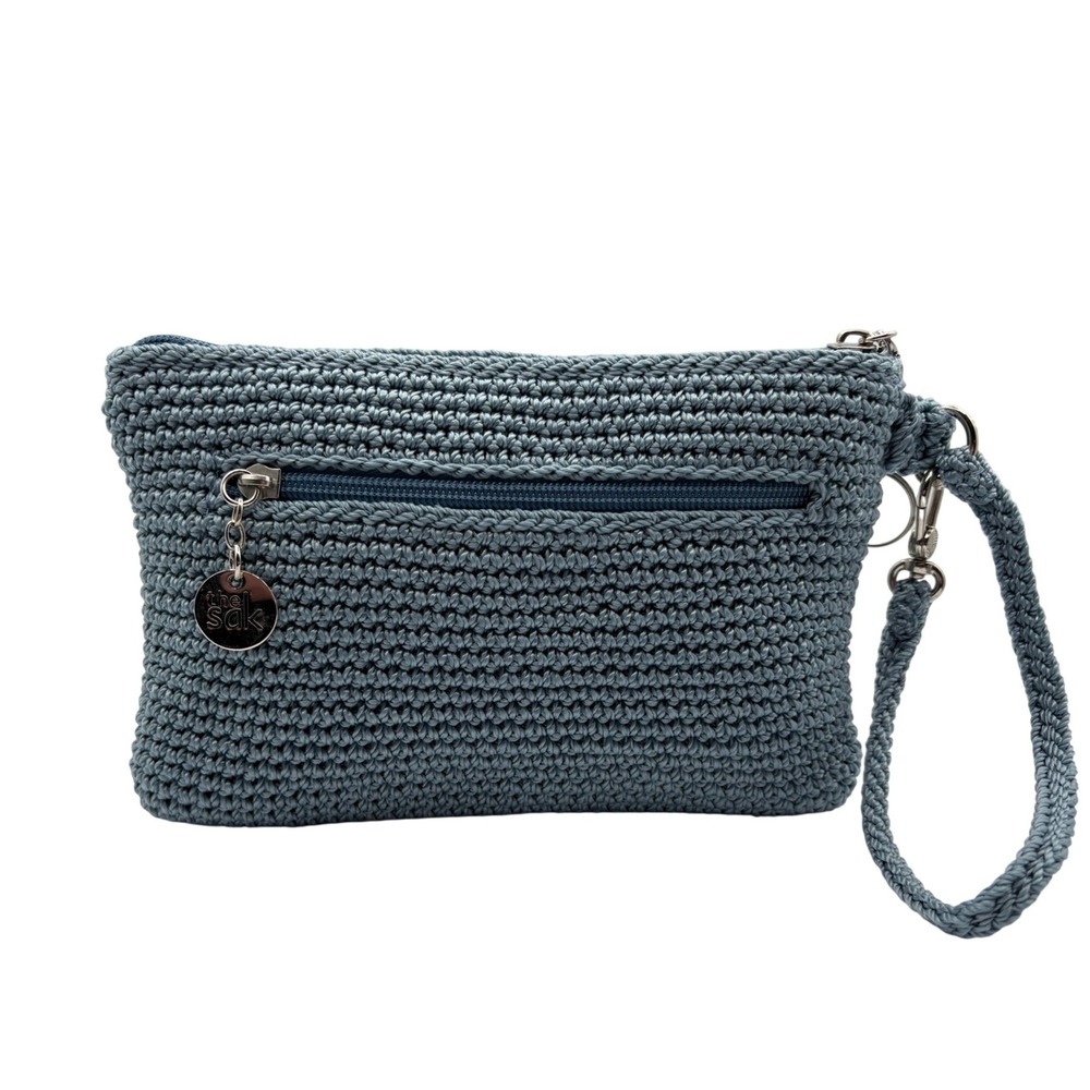 The Sak Crochet Wristlet Clutch Womens Large Blue Excellent Zip Pouch BoHo - Picture 4 of 7